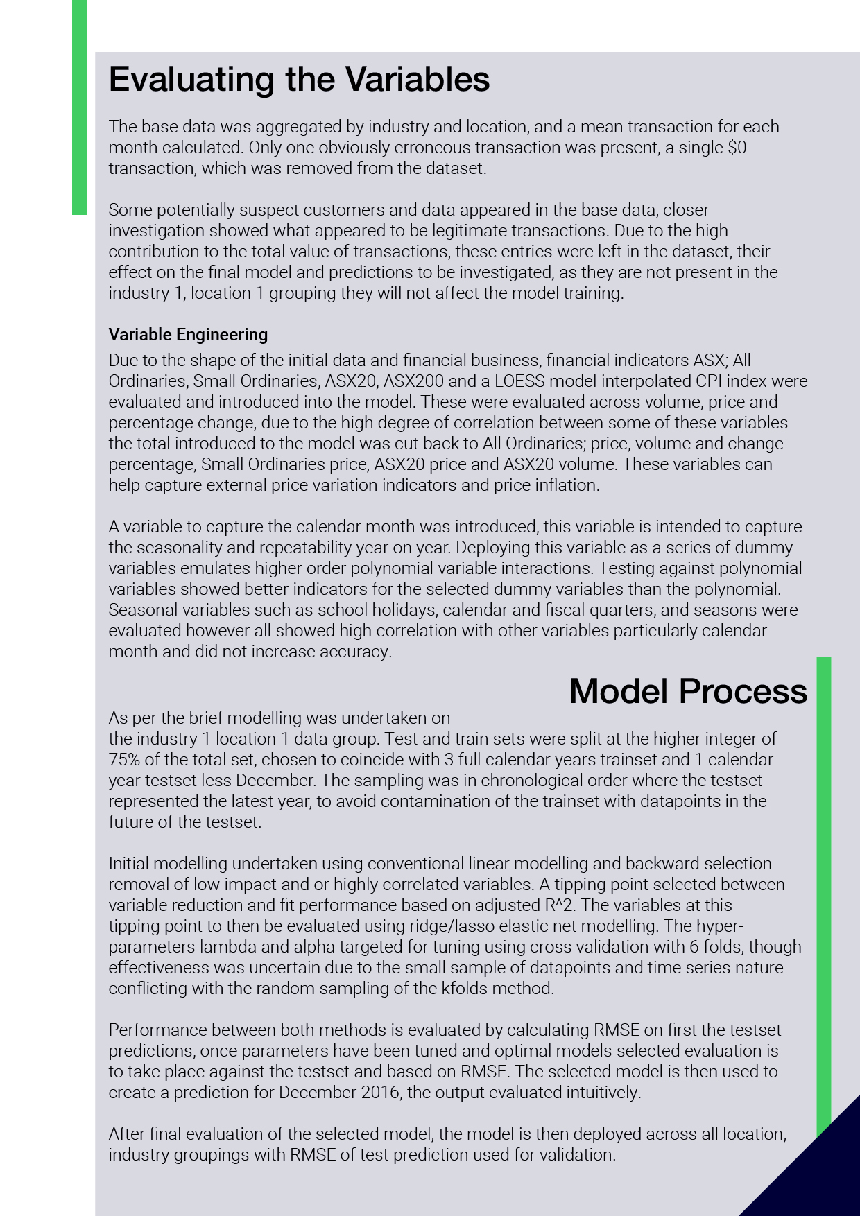 Report Page 3, variable evaluation detail, linear modelling process, rmse