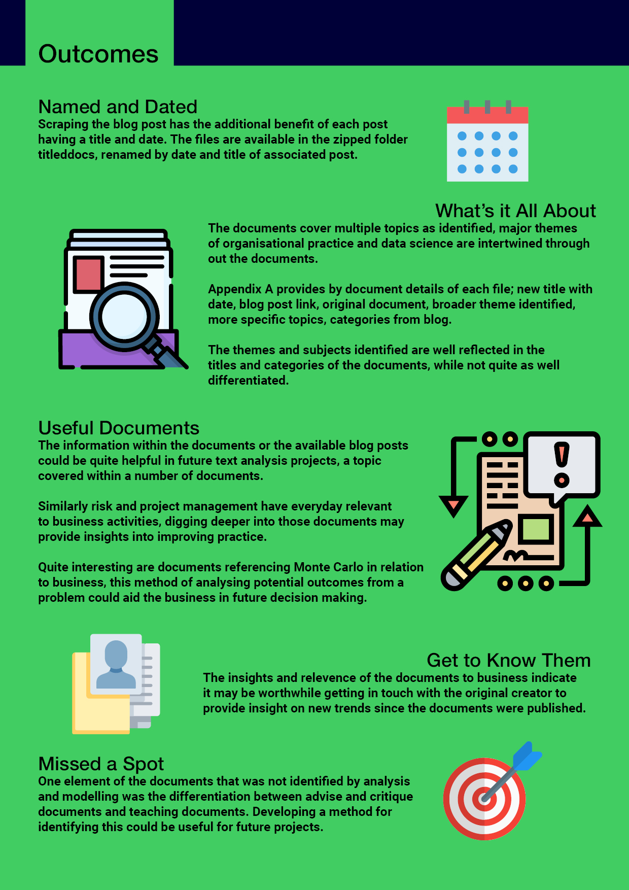 Page 11, Outcomes, named and dated files, index of documents with old and new filenames, link, theme, subject and categories, value of docs, what was missed